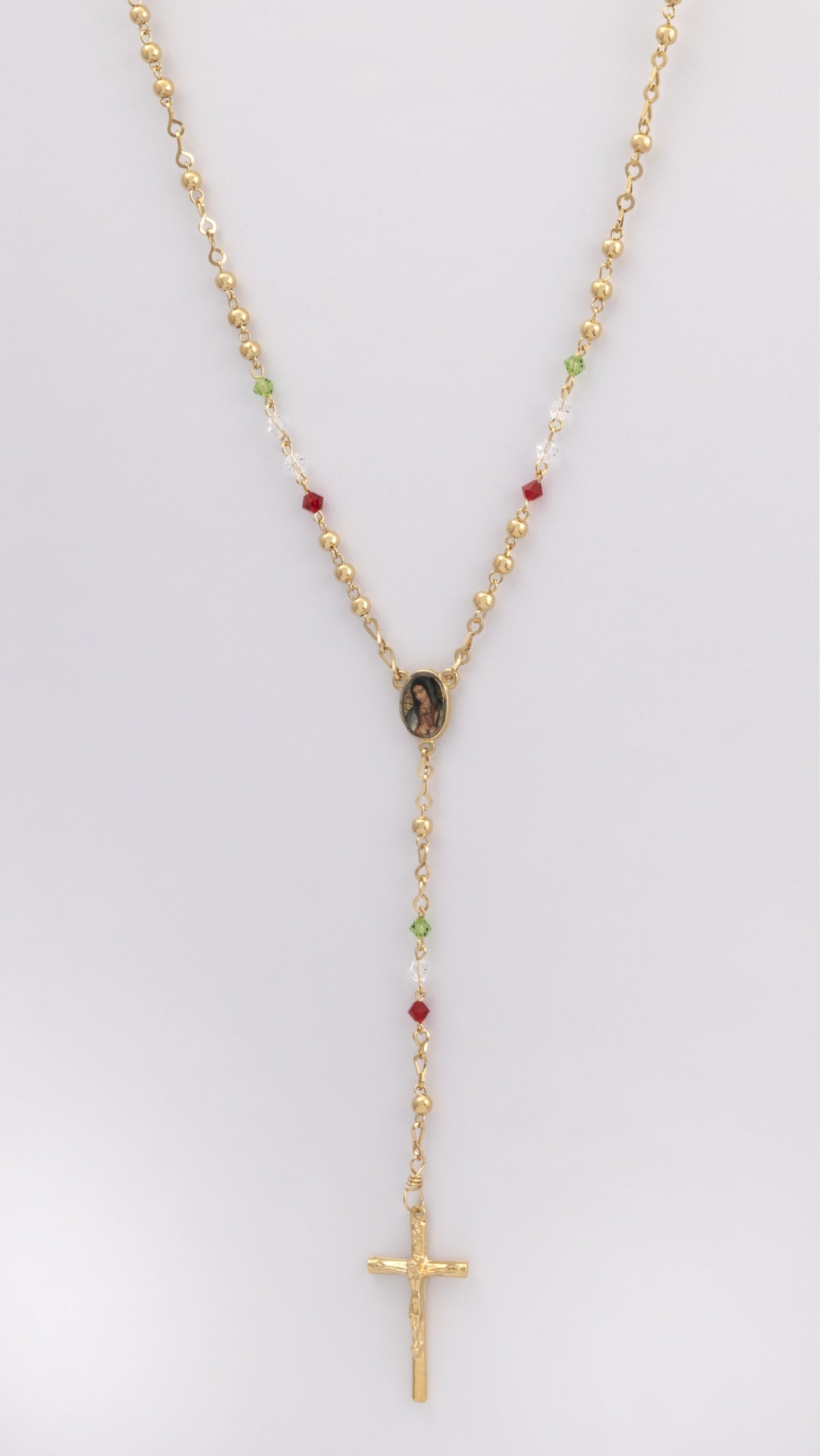 ROSE-09 | 21″ Rosary Gold Bead with Red/Clear/Green Crystal Beads