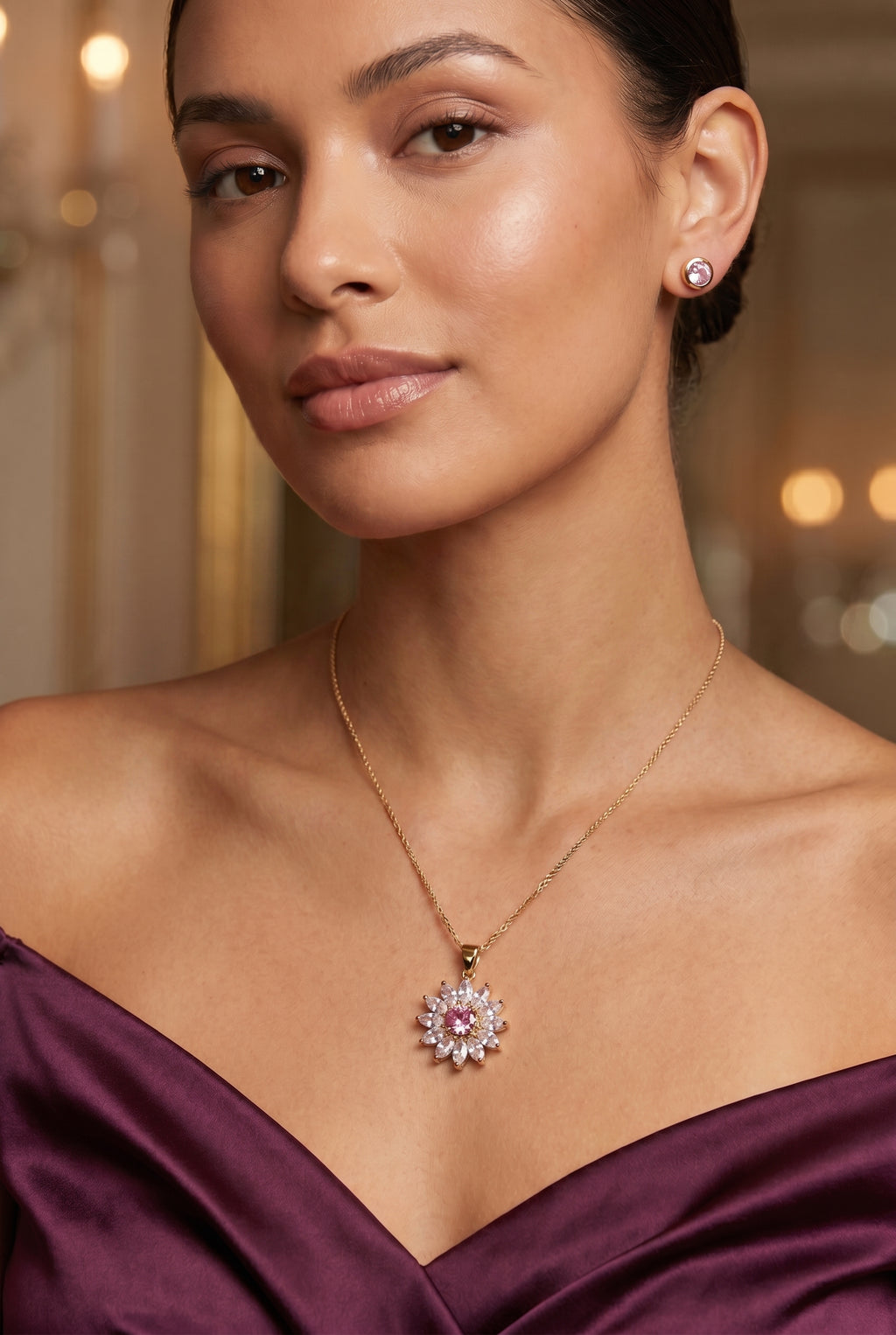 Set 8 – CZ LG Pink Center Flower Set
