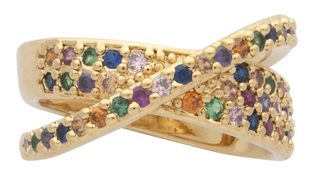 LR-249 | Ladies Ring CZ Multi-Colored Stones Criss Crossed